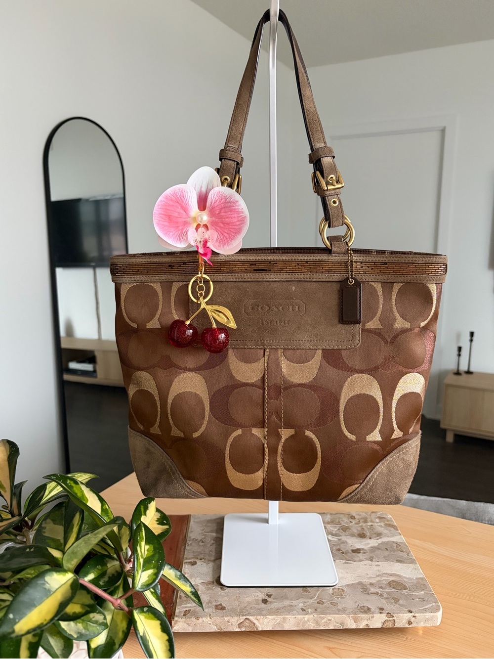 Coach Chocolate Brown Suede & Beaded Tote Bag